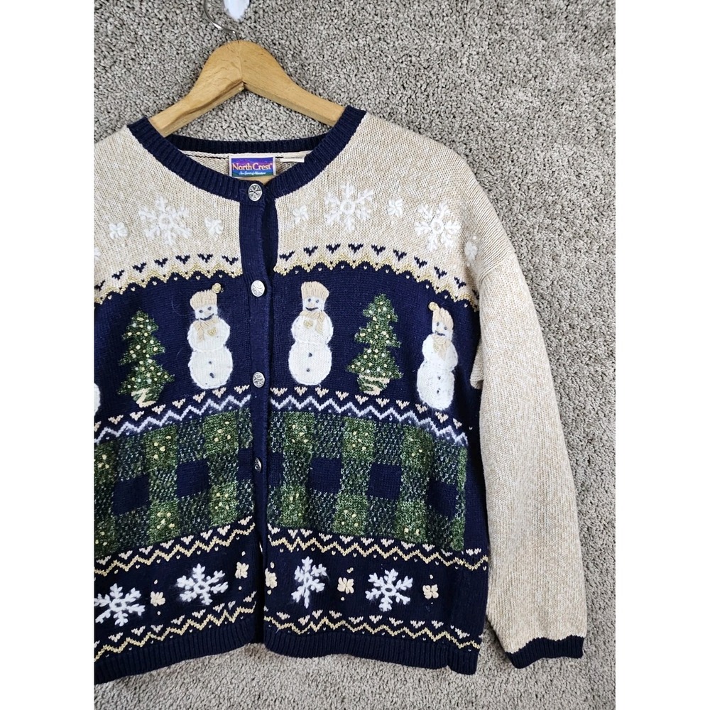 Vtg North Crest Christmas Tree Snowmen Flakes Winter Stitched Cardigan Womens L‎